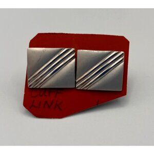 Vintage Silver-Tone Cufflinks With Diagonal Line Pattern